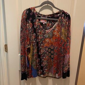 Johnny Was Multicolor Patchwork Long-Sleeve Tee in Black, Red, Orange